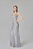 Sexy V Neck Silver Mermaid Prom Dresses, Embroidered Sequins Long Evening Dresses SJS15368