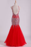 Red Spaghetti Straps Dark Royal Blue Prom Dresses Mermaid Tulle Beaded Bodice Floor Length