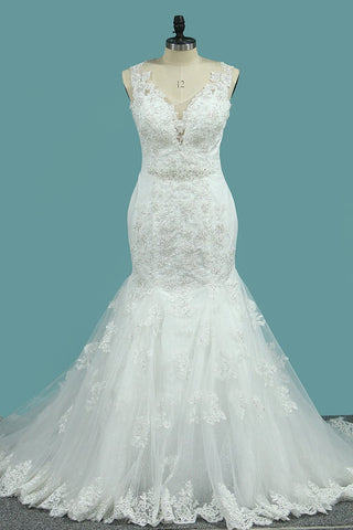 Mermaid/Trumpet V Neck Wedding Dresses Court Train Tulle With Applique Lace Up Back