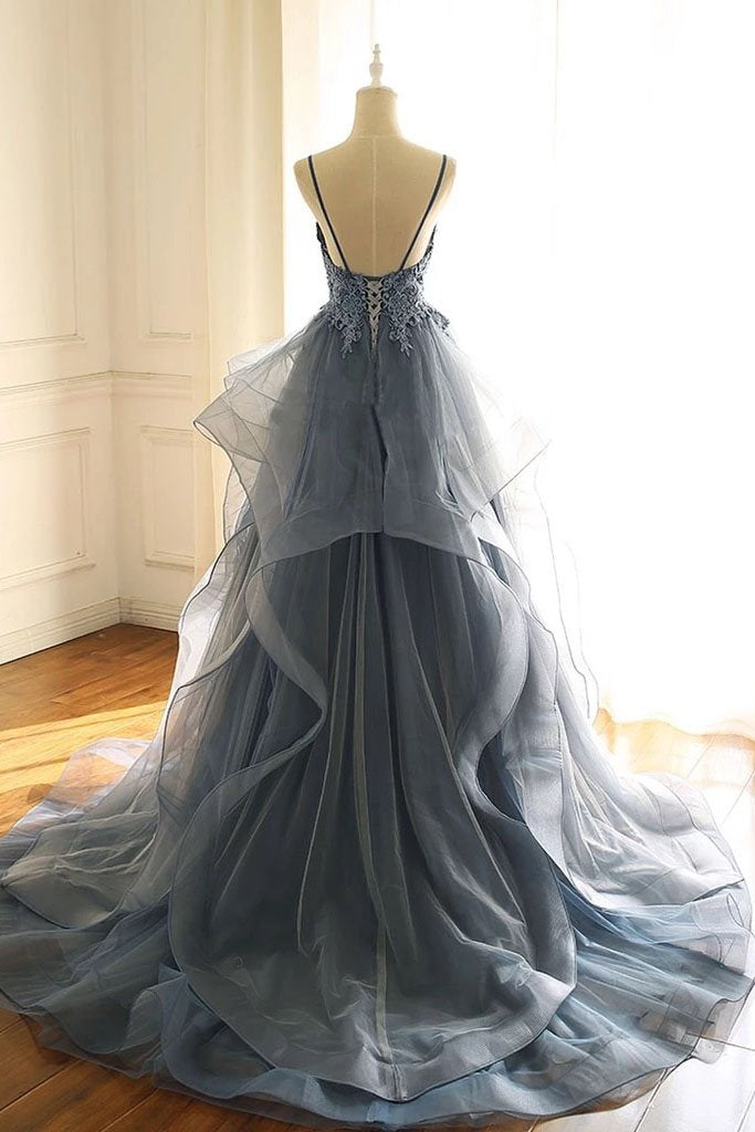Spaghetti Straps Blue Gray Tulle V Neck Long Ruffles Prom Dresses with Lace Applique SJS15411