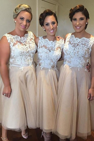 Tulle Scoop  Bridesmaid Dresses A Line With Applique Tea-Length