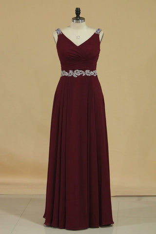 V Neck Bridesmaid Dresses A Line With Beads And Ruffles Floor Length Chiffon