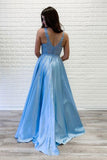 Flowy A-line V Neck Lace Long Prom Dresses Blue Satin Open Back Evening Party Dresses SJS15229