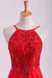 Red Spaghetti Straps Beaded Bodice A-Line Chiffon Prom Dresses