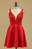 V Neck A Line Homecoming Dresses With Beading Above Knee Length
