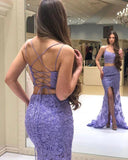 Elegant Two Pieces Mermaid Lilac Lace Slit Long Prom Dresses, Formal SJS20417