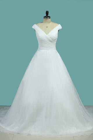 A Line Pleated Bodice Off The Shoulder Wedding Dress Organza