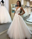 A Line V-neck Long Tulle Wedding Dress with Appliques, Cheap Bridal Dresses SJS15045