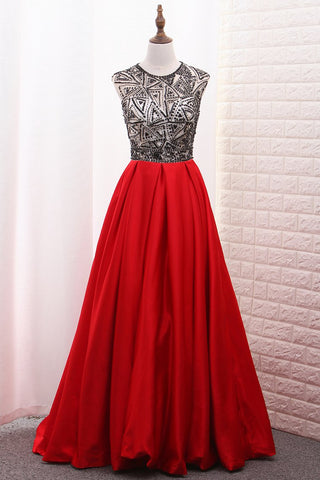 A-Line Scoop Satin Prom Dresses Tulle Bodice Black Sequins Floor-Length With Pocket