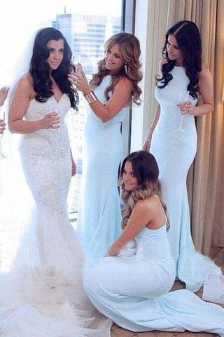 Charming Light Blue Mermaid High Neck Bridesmaid Dresses, Long Wedding Party Dress SJS15101