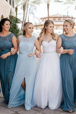 Lace Scoop A Line Bridesmaid Dresses Chiffon With Slit