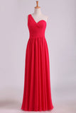 One Shoulder Prom Dresses A Line Chiffon Floor Length With Ruffles