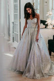 Sparkly Sweetheart Silver Long Prom Dresses Sequins Beads Formal Dresses SJS15432