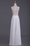 Scoop Beaded Bodice Prom Dresses A Line With Beading White
