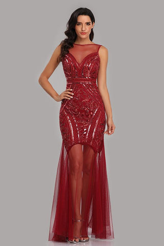 See Through Burgundy Mermaid Bateau Prom Dresses with Beading Tulle Party Dresses SJS15324