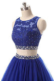 A Line Two Pieces Lace Sequins Beads Open Back Appliques Sleeveless Prom Dresses JS334