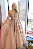 Charming A Line V Neck Beads Tulle Prom Dresses with Appliques, Floor Length Formal Dresses SJS15092