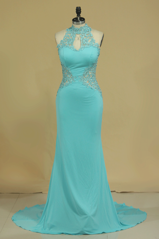 High Neck Open Back Prom Dresses With Applique Sweep Train Spandex