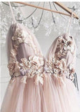 Elegant A Line Spaghetti Straps V Neck Prom Dress With Handmade Flowers, Bridesmaid Dress SJS15577