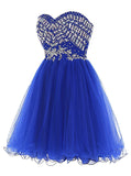 Cheap Blue Sweetheart Cute A-line Tulle Beading Short Mini Homecoming Dresses JS759
