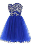 Cheap Blue Sweetheart Cute A-line Tulle Beading Short Mini Homecoming Dresses JS759