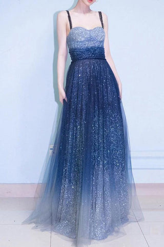 Elegant A Line Royal Blue Straps Floor Length Prom Dresses, Ombre Dance Dresses SJS15150