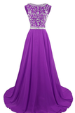 A Line Scoop Prom Dresses Chiffon With Beading Sweep Train