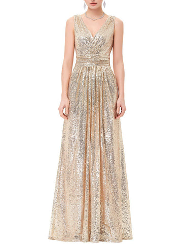 A Line Sequin V Neck V Back Sleeveless Gold Ruffles Maxi Evening Prom Dresses uk JS336