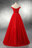 Elegant A-line Off Shoulder Red Lace-up Floor-Length Simple Prom Dresses JS772