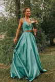 Simple A Line Two Pieces V Neck Satin Prom Dresses Cheap Formal SJSPQ87T2TL