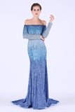 Spandex Boat Neck Long Sleeves Prom Dresses With Beads Mermaid
