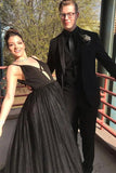 Charming A Line Black Spaghetti Straps Tulle V Neck Prom Dresses, Long Evening Dresses SJS15501