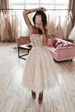 Spaghetti Strap Tea Length Starry Tulle Homecoming Dress Prom Dresses
