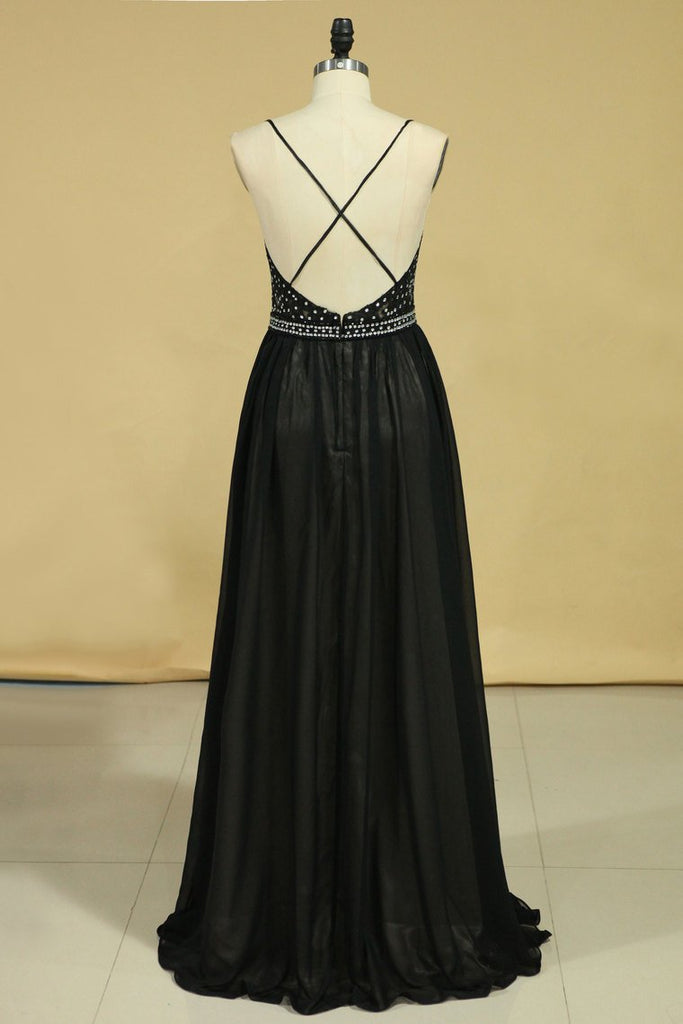 Spaghetti Straps Open Back Prom Dresses Chiffon With Applique And Beads