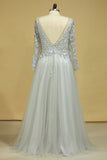 Long Sleeves Prom Dresses Bateau With Slit & Embroidery Tulle Floor Length Plus Size