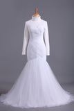 High Neck Mermaid/Trumpet Muslim Wedding Dresses Pleated Bodice With Tulle Skirt Lace Up
