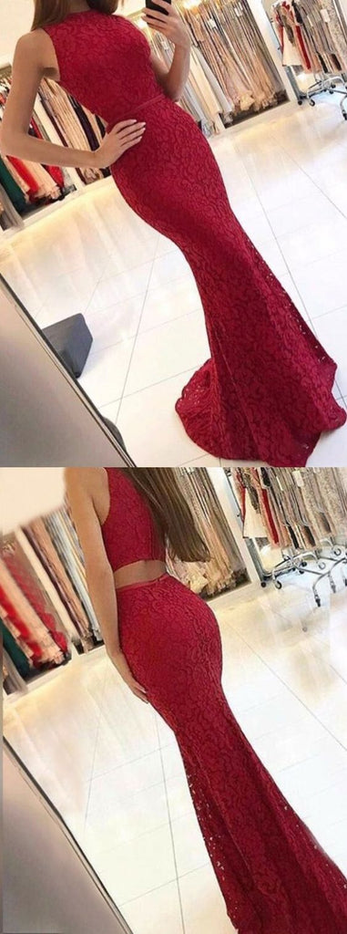 Charming New Arrival Mermaid Round Neck Dark Red Lace Prom Dresses UK JS385
