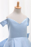 Satin A Line Off The Shoulder Asymmetrical Flower Girl Dresses With Bow Knot
