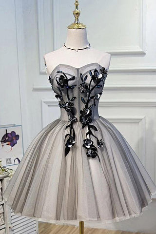 Elegant A Line Strapless Tulle Homecoming Dresses with Lace up Black Short Prom Dresses SJS14974