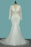 Scoop Long Sleeves Sheath Wedding Dresses Tulle & Lace With Applique Sweep Train
