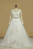 Long Sleeves V Neck Tulle With Applique A Line Wedding Dresses