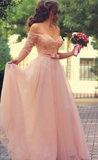 Off Shoulder Half Sleeves Pink Long Party Sweetheart Sash Bow Beads Pearls Prom Dresses JS720