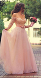 Off Shoulder Half Sleeves Pink Long Party Sweetheart Sash Bow Beads Pearls Prom Dresses JS720