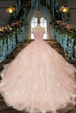 Fantastic Pink Wedding Dresses Lace Up With Beads And Handmade Flowers Ball Gown