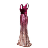 Sexy Sequins Mermaid V Neck Burgundy Velvet Long Prom Dresses Backless Evening Dress SJS15352