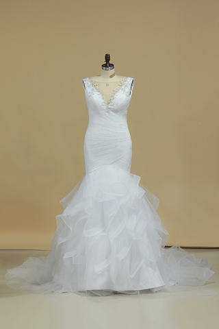 V Neck Mermaid Wedding Dresses Tulle With Applique And Ruffles Chapel Train