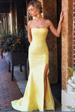 Sexy Yellow Satin Strapless Mermaid Prom Dresses, Sleeveless Evening Dresses with Split SJS15372