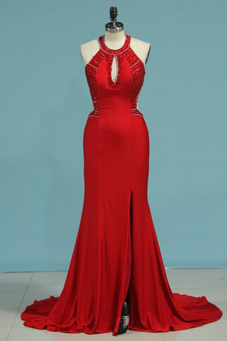 New Arrival Scoop Mermaid Prom Dresses Spandex With Beads And Slit