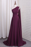One Shoulder A Line Chiffon Prom Dresses With Ruffles Sweep Train