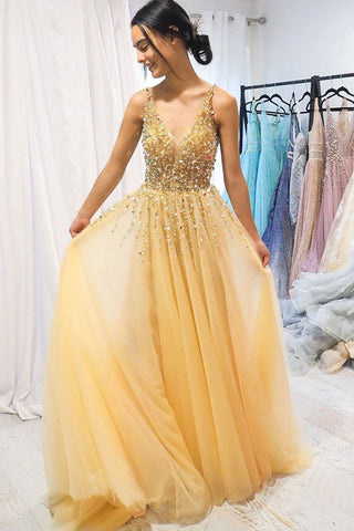 A Line Gold V Neck Beading Tulle Prom Dresses Spaghetti Straps Long Cheap Formal Dress SJS14999